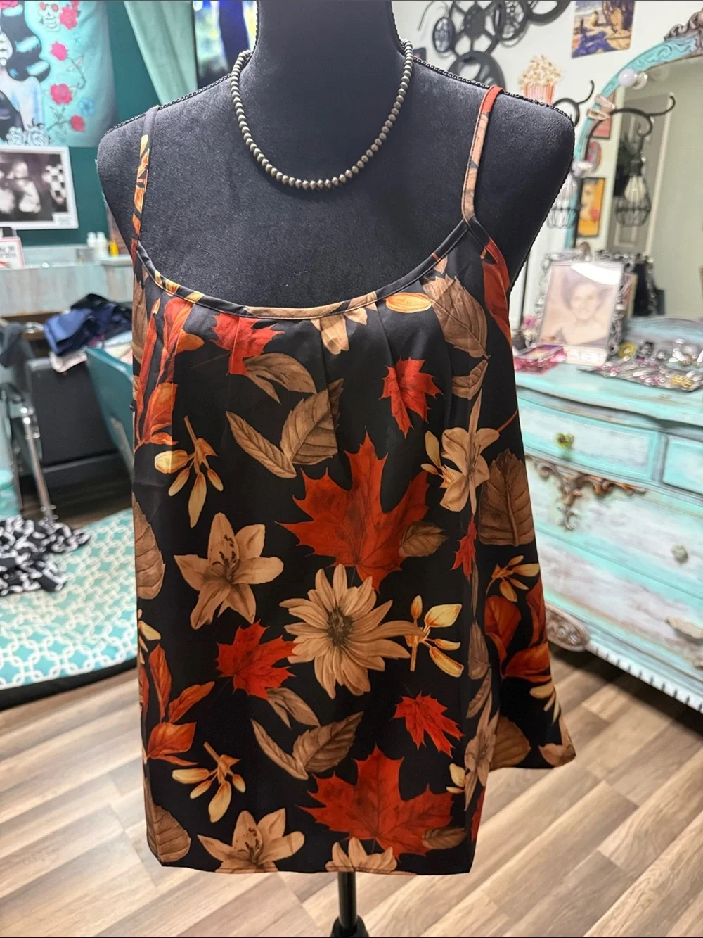 Forever 21 Black Floral & Autumn Leaf Satin Cami - Picture 6 of 6